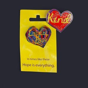 Set of 2 VTG Penzeys Heart Enamel Lapel Pins "Kind" NWOT & "Embrace Hope" NWT